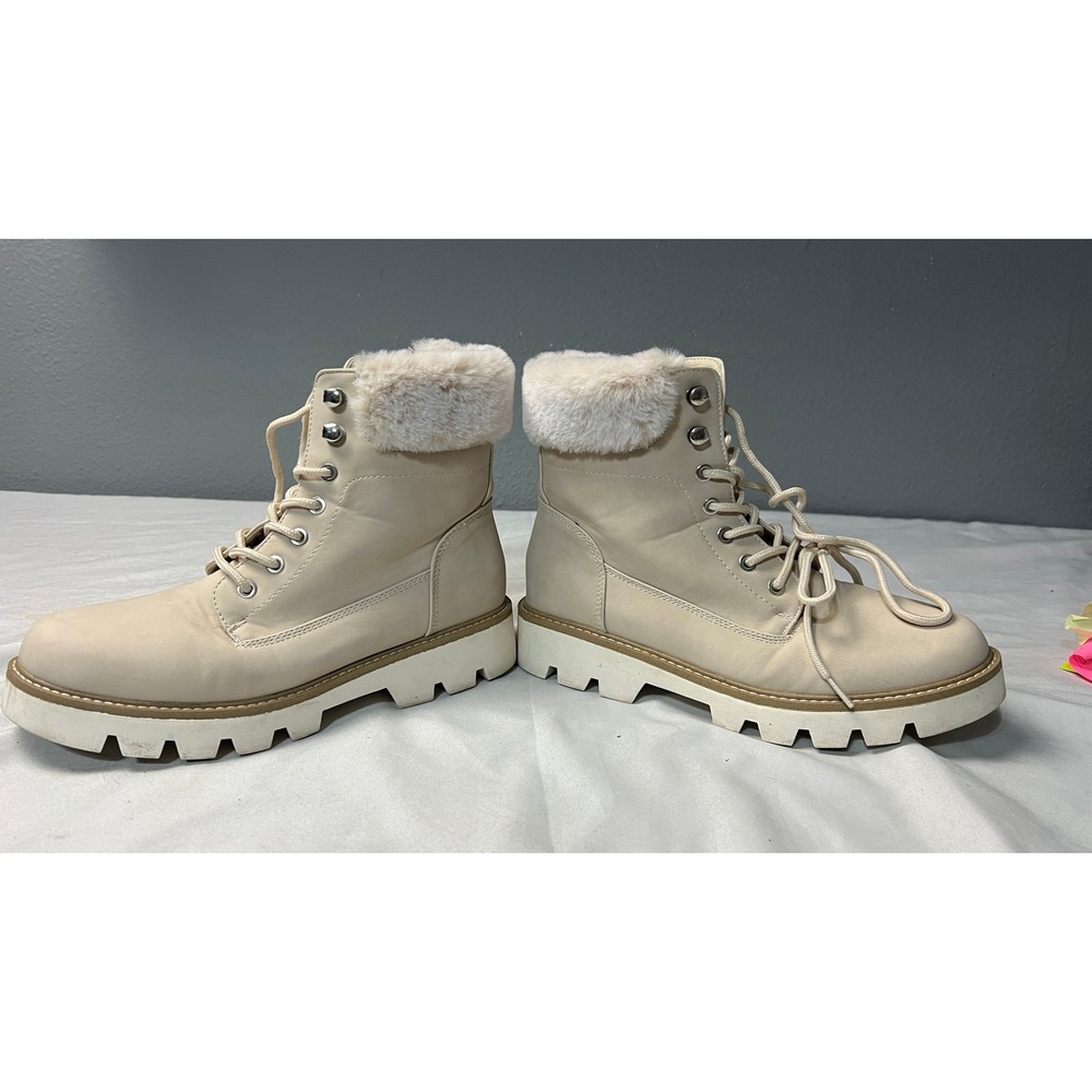 Allot Cream Faux Leather Combat Boots Faux Fur Trim Lug Sole Utility Grunge Sz 8